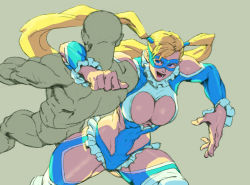 Rule 34 | 1boy, 1girl, bingoman, blonde hair, blue eyes, blue leotard, breasts, capcom, cleavage, cleavage cutout, clotheslining, clotheslining, clothing cutout, domino mask, heart cutout, highres, large breasts, leotard, mask, mixed wrestling, open mouth, rainbow mika, solo focus, street fighter, toned, twintails, wrestling, wrestling mask, wrestling outfit