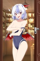 1girl alternate_costume bird_wings blue_one-piece_swimsuit blush book bookshelf clothes_pull collarbone commentary_request commission covered_navel covering_breasts covering_privates door groin head_wings highres horns indoors looking_at_viewer multicolored_hair one-piece_swimsuit one-piece_swimsuit_pull open_mouth opening_door partially_undressed purple_hair red_eyes red_wings rise_(rise19851203) second-party_source single_head_wing skeb_commission solo sweatdrop swimsuit thighs tokiko_(touhou) touhou two-tone_hair variant_set white_hair wings