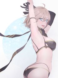 Rule 34 | 1girl, ahoge, armpits, arms up, bikini, black bikini, black bow, black scarf, blonde hair, bow, breasts, butt crack, cleavage, elbow gloves, fate/grand order, fate (series), gloves, hair bow, highres, koha-ace, medium breasts, okita j. souji (first ascension) (fate), okita souji (fate), okita souji (koha-ace), open mouth, scarf, single elbow glove, swimsuit, yellow eyes