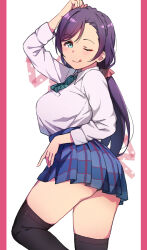 Rule 34 | 1girl, ;q, black thighhighs, blue skirt, blush, breasts, duke (inu daimyou), green eyes, hair ornament, hair scrunchie, large breasts, long hair, looking at viewer, love live!, love live! school idol project, low twintails, one eye closed, otonokizaka school uniform, plaid, plaid skirt, purple hair, red scrunchie, school uniform, scrunchie, shirt, skirt, solo, standing, thighhighs, tongue, tongue out, tojo nozomi, twintails, white shirt