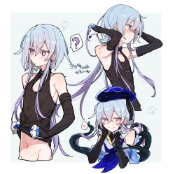Rule 34 | 1boy, ?, arknights, armpits, arms up, azuma shino, bare shoulders, blue headwear, blush, border, closed mouth, clothes lift, collar, detached sleeves, earrings, gradient hair, grey background, grey hair, hands in hair, hands on own cheeks, hands on own face, hat, highres, infection monitor (arknights), jellyfish, jewelry, lifting own clothes, long sleeves, looking at viewer, male focus, mizuki (arknights), multicolored hair, multiple views, navel, outside border, parted lips, pink eyes, purple hair, shirt lift, short hair with long locks, simple background, smile, speech bubble, spoken question mark, tentacles, white border