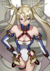 Rule 34 | 1girl, bare shoulders, blonde hair, blue eyes, bradamante (fate), bradamante (first ascension) (fate), braid, breasts, cleavage, covered navel, elbow gloves, fate/grand order, fate (series), french braid, gloves, hair ornament, halterneck, highleg, highleg leotard, highres, leotard, long hair, thigh strap, twintails, very long hair, yoshio (55level)