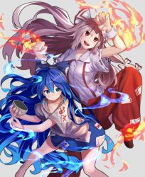 Rule 34 | 2girls, :d, arm up, aura, baggy pants, bare legs, barefoot, black footwear, blue bow, blue eyes, blue hair, blue skirt, blush, bow, bowl, clenched hands, collarbone, commentary request, debt, feet out of frame, fire, fire, floating hair, fujiwara no mokou, grey background, grey hoodie, hair between eyes, hair bow, hand up, head tilt, highres, holding, holding bowl, hood, hoodie, isemori, leaning forward, leg up, long hair, looking at viewer, miniskirt, multiple girls, ofuda, open mouth, pants, red eyes, red pants, shirt, shoes, short sleeves, silver hair, simple background, skirt, smile, suspenders, thighs, torn clothes, torn sleeves, touhou, v-shaped eyebrows, very long hair, white bow, white shirt, wrist cuffs, yorigami shion