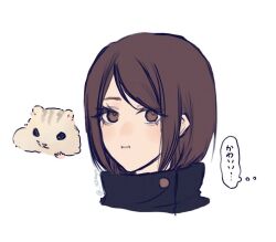 Rule 34 | 1girl, animal, black jacket, brown eyes, brown hair, closed mouth, hamster, ieiri shoko, jacket, jujutsu kaisen, looking at viewer, n3dayo, portrait, short hair, simple background, thought bubble, white background