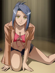 Rule 34 | 1girl, arm support, asymmetrical sleeves, bandeau, bikini, bikini top only, blue hair, breasts, cleavage, collar, crop top, haruyama kazunori, kneeling, large breasts, leaning forward, midriff, mismatched sleeves, open clothes, open fly, open shirt, ponytail, shirt, short hair, short shorts, shorts, smile, solo, strapless, swimsuit, tina lawter, tube top, unzipped, wellber no monogatari, yellow eyes