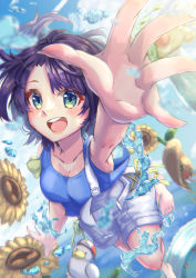 Rule 34 | 1girl, absurdres, barefoot, bird, blue eyes, blue shirt, blush, breasts, cloud, flower, hand up, hat, highres, hololive, looking at viewer, medium breasts, mihaeru, oozora subaru, open mouth, overalls, purple hair, shirt, short hair, sky, smile, solo, standing, standing on one leg, straw hat, striped, sunflower, sunlight, virtual youtuber
