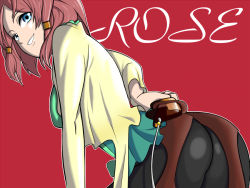 Rule 34 | 10s, 1girl, aqua eyes, artist request, ass, bent over, breasts, from behind, grin, hair tubes, leaning, leaning forward, pants, red hair, rose (tales), sheath, sheathed, short hair, sideboob, smile, solo, sword, tales of (series), tales of zestiria, weapon