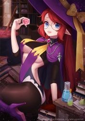 Rule 34 | 1girl, :3, ango, ankkoyom, ass, bad id, bad pixiv id, black pantyhose, blue eyes, book, bookshelf, bow, breasts, cauldron, gem, glasses, hat, hat bow, hat ribbon, high heels, highres, ice, ice cube, indoors, large breasts, leg up, lens flare, long hair, looking at viewer, original, pantyhose, parted lips, red hair, revealing clothes, ribbon, round eyewear, solo, test tube, underboob, witch, witch hat