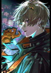 Rule 34 | 1boy, alban knox, alban knox (1st costume), barcode, black jacket, blue eyes, blurry, blurry background, brown hair, cityscape, earrings, fang, from side, gloves, hair between eyes, highres, jacket, jewelry, looking at viewer, male focus, nijisanji, nijisanji en, open mouth, outdoors, pillarboxed, profile, round eyewear, solo, sonomi, sparkle, upper body, virtual youtuber