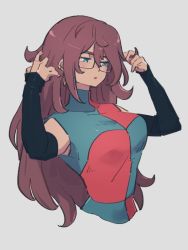 Rule 34 | 1girl, android 21, blue eyes, breasts, brown hair, checkered clothes, checkered dress, dragon ball, dragon ball fighterz, dress, glasses, grey background, hands up, kemachiku, long hair, looking away, medium breasts, simple background, solo, upper body