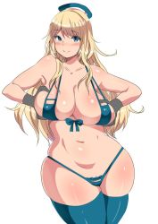 Rule 34 | 10s, 1girl, atago (kancolle), bare shoulders, blonde hair, blue eyes, blush, breast hold, breasts, cleavage, curvy, female focus, gloves, hat, huge breasts, kantai collection, long hair, looking at viewer, navel, plump, simple background, smile, solo, standing, thick thighs, thighhighs, thighs, wide hips, yac (mokkori)