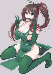 Rule 34 | 1girl, akali, akali (legacy), ass, boots, breasts, brown hair, chinese commentary, cleavage, collarbone, commentary request, dress, elbow gloves, full body, gloves, green dress, green eyes, green footwear, green gloves, green ribbon, grey background, hair in own mouth, hair ribbon, hands up, heart, high ponytail, highres, hip focus, invisible floor, kneeling, large breasts, league of legends, long hair, looking at viewer, pao mian+dan, ponytail, ribbon, sideboob, sidelocks, simple background, sitting, skindentation, sleeveless, sleeveless dress, solo, tabard, thigh boots, thighhighs, thighs, v, very long hair