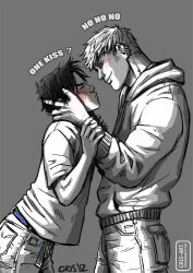 Rule 34 | 2boys, bara, black hair, blonde hair, closed eyes, couple, cris art, denim, feet out of frame, from side, hands on another&#039;s cheeks, hands on another&#039;s face, hood, hoodie, hulkling, jeans, rejected kiss, male focus, marvel, multiple boys, pants, rainbow belt, rejected kiss, shirt, short hair, sideburns, spot color, t-shirt, thick eyebrows, v-shaped eyebrows, wiccan, yaoi
