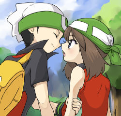 Rule 34 | 1boy, 1girl, ageha, arm grab, bad id, bad pixiv id, bag, bandana, bare shoulders, black hair, blue eyes, blush, brendan (pokemon), brown hair, closed eyes, collared shirt, couple, creatures (company), fang, from behind, game freak, green bandanna, hat, hetero, imminent kiss, looking at another, lowres, may (pokemon), may (pokemon emerald), nintendo, nuzzle, open mouth, outdoors, pokemon, pokemon adventures, pokemon rse, shirt, short hair, short sleeves, sleeveless, sleeveless shirt, upper body