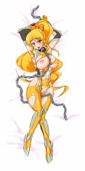 Rule 34 | 00s, 10s, 1girl, :p, absurdres, bed, bed sheet, blonde hair, blush, bodysuit, breasts, chain, cure honey, earrings, eyelashes, from above, full body, groin, hair ornament, hair ribbon, happinesscharge precure!, highres, jewelry, knee pads, large breasts, long hair, lying, magical girl, ninja, nipples, on back, oomori yuuko, open mouth, ponytail, precure, ribbon, solo, taimanin (series), taimanin asagi, taimanin suit, tamo (nama-yatsuhashi), tongue, tongue out, torn clothes, yellow eyes