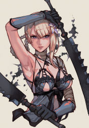 Rule 34 | 1girl, armpits, bandages, bandaged arm, bandages, breasts, dual wielding, flower, gloves, hair flower, hair ornament, holding, holding sword, holding weapon, hungry clicker, kaine (nier), lips, looking to the side, nier (series), nier reincarnation, simple background, solo, sword, weapon