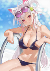 Rule 34 | 1girl, absurdres, ahoge, animal ears, arm rest, bare arms, bikini, blurry, blurry background, blush, braid, breasts, cleavage, copyright request, earrings, eyewear on head, fang, hair rings, halterneck, head tilt, highres, jewelry, large breasts, looking at viewer, mingyin meion (vtuber), mole, mole under eye, multicolored hair, pink hair, sitting, skin fang, smile, solo, streaked hair, sunglasses, swimsuit, takeawatch, tinted eyewear, virtual youtuber, wet, white hair