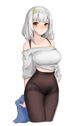 Rule 34 | 1girl, arms behind back, bare shoulders, blue skirt, blush, braid, breasts, brown eyes, brown pantyhose, commentary, cropped torso, eyebrows hidden by hair, genshin impact, grey hair, grey shirt, hair ornament, high-waist pantyhose, inniyik, large breasts, looking at viewer, medium breasts, noelle (genshin impact), off-shoulder shirt, off shoulder, pantyhose, pleated skirt, shirt, simple background, skirt, unworn skirt, solo, standing, thighband pantyhose, tied shirt, white background