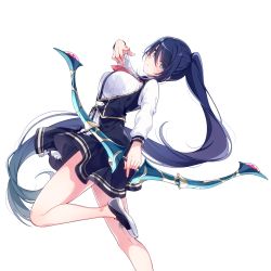 Rule 34 | 1girl, aiba mio, bare legs, blue eyes, blue hair, bow (weapon), breasts, closed mouth, female focus, floating hair, hand up, high ponytail, highres, holding, holding bow (weapon), holding weapon, index finger raised, large breasts, leaning back, legs, long hair, looking at viewer, necktie, omega labyrinth, omega labyrinth life, original, ponytail, school uniform, shoes, skirt, solo, standing, standing on one leg, thighs, transparent background, u35, very long hair, weapon