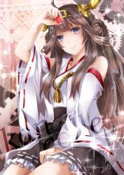 Rule 34 | 10s, 1girl, 2015, between legs, black hakama, blue eyes, brown hair, collarbone, dated, detached sleeves, hakama, hakama short skirt, hakama skirt, hand between legs, heart, holding, japanese clothes, kantai collection, kimono, kongou (kancolle), long hair, looking at viewer, sitting, skirt, smile, solo, sparkle, tyouya, very long hair, white kimono