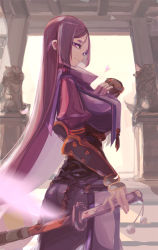 Rule 34 | 1girl, bodysuit, breasts, commentary request, fate/grand order, fate (series), fingerless gloves, gloves, katana, large breasts, long hair, lousun, low-tied long hair, minamoto no raikou (fate), parted bangs, purple bodysuit, purple eyes, purple hair, rope, solo, sword, very long hair, weapon