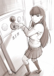 Rule 34 | 1girl, :&gt;, blurry, commentary request, depth of field, fire alarm, from above, hairband, hallway, hime cut, indoors, kneehighs, long hair, looking at viewer, monochrome, original, perspective, pleated skirt, school uniform, sepia, skirt, socks, solo, standing, tiptoes, trembling, ueyama michirou