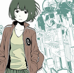 Rule 34 | 1girl, album cover, bicycle, building, camera, collarbone, cover, female focus, frown, green hair, green shirt, green skirt, green theme, hands in pockets, highres, hosoo, jacket, lamppost, looking at viewer, nanimono demonai ongaku, open clothes, open jacket, pleated skirt, pole, road, sad, security camera, shirt, short hair, sign, skirt, solo focus, spot color, street, tagme, town, track jacket, white background, window