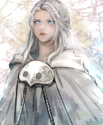 Rule 34 | 1girl, blue eyes, braid, commentary, final fantasy, final fantasy xiv, grey hair, grey robe, half updo, hasura (coconutice), highres, hood, hood down, hooded robe, long hair, looking at viewer, mask, mask around neck, unworn mask, mixed-language commentary, parted lips, realistic, robe, signature, single braid, sketch, solo, twitter username, upper body, venat (ff14), wavy hair, white background