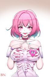 Rule 34 | 1girl, absurdres, ahoge, artist name, bare shoulders, bbuni, blue hair, blush, breasts, brown background, collar, collarbone, commentary request, earrings, fang, gradient background, hair intakes, hands on own chest, heart, highres, idolmaster, idolmaster cinderella girls, jewelry, large breasts, looking at viewer, multicolored hair, open mouth, pink eyes, pink hair, ribs, ring, shirt, short hair, short sleeves, skeleton print, smile, solo, t-shirt, two-tone hair, upper body, white background, white shirt, yumemi riamu