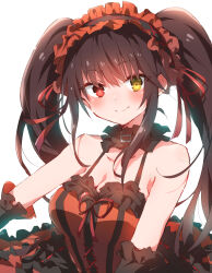 Rule 34 | 1girl, absurdres, bare shoulders, black hair, breasts, cleavage, clock eyes, date a live, dress, hairband, heterochromia, highres, lolita fashion, lolita hairband, looking at viewer, medium breasts, neck ruff, nyaa (nnekoron), red eyes, smile, solo, symbol-shaped pupils, tokisaki kurumi, twintails, upper body, white background, yellow eyes