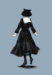 Rule 34 | 1girl, animal ears, blue background, bob cut, cat ears, cat girl, from behind, full body, greyscale, long skirt, long sleeves, monochrome, original, pantyhose, shoes, short hair, simple background, skirt, solo, standing, sumoffu