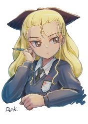 Rule 34 | 1girl, artist name, assam (girls und panzer), black ribbon, blonde hair, blue eyes, blue sweater, closed mouth, commentary, cropped torso, dress shirt, emblem, girls und panzer, hair pulled back, hair ribbon, hand in own hair, highres, holding, holding pen, kuroneko douji, light frown, long hair, long sleeves, looking to the side, necktie, pen, ribbon, school uniform, shirt, signature, simple background, sketch, solo, st. gloriana&#039;s school uniform, sweater, upper body, v-neck, white background, wing collar