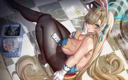 Rule 34 | 1girl, absurdres, animal ears, asuna (blue archive), asuna (bunny) (blue archive), bare shoulders, blue archive, blue eyes, blue leotard, blue ribbon, blush, breasts, brown pantyhose, cleavage, ctrlz77, detached collar, dildo, disembodied hand, elbow gloves, fake animal ears, gloves, grabbing, grabbing another&#039;s breast, hair over one eye, hair ribbon, halo, high heels, highleg, highleg leotard, highres, large breasts, laundry basket, leotard, light brown hair, long hair, looking at viewer, mole, mole on breast, pantyhose, playboy bunny, pout, rabbit ears, ribbon, sex toy, sitting, solo, thighband pantyhose, thighs, very long hair, washing machine, white gloves