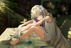 Rule 34 | 1girl, absurdres, amanogawa shiina, ankle ribbon, arm ribbon, bare shoulders, barefoot, window blinds, blonde hair, cellphone, closed mouth, cup, dress, feet, from side, hair ribbon, high heels, highres, indoors, knees up, leaning forward, leg ribbon, looking at viewer, multicolored hair, on bed, phase connect, phone, plant, potted plant, purple eyes, purple hair, rasa k, ribbon, saucer, second-party source, shoes, unworn shoes, sitting, smartphone, smile, solo, tea, teacup, thighs, toes, two-tone hair, virtual youtuber, white dress, white footwear, white ribbon