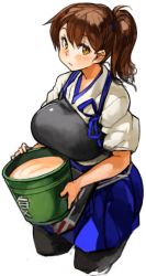 Rule 34 | 10s, 1girl, bauxite, black pantyhose, blush, breasts, brown hair, bucket, cropped legs, female focus, holding, japanese clothes, kaga (kancolle), kantai collection, large breasts, long hair, looking at viewer, muneate, pantyhose, sachito, side ponytail, simple background, solo, white background, yellow eyes