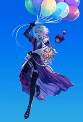 Rule 34 | 1boy, absurdres, asymmetrical clothes, balloon, black gloves, black shorts, blue eyes, blue hair, blue sky, boots, bouquet, creature, floating, flower, full body, gavis bettel, gloves, gradient background, grey hair, happy, heterochromia, high heel boots, high heels, highres, holding, holding balloon, holding bouquet, holostars, holostars english, looking at viewer, male focus, multicolored hair, nonsensemanna, open mouth, phantom (gavis bettel), pink eyes, pink hair, scarf, shorts, sidelighting, sky, solo, thigh boots, thigh strap, virtual youtuber, white hair, white scarf