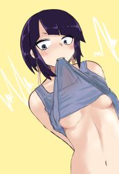 Rule 34 | 1girl, abs, arms behind back, bare shoulders, blue eyes, blunt bangs, blush, boku no hero academia, breasts, cardiogram, clothes in mouth, clothes lift, commentary, constricted pupils, dutch angle, embarrassed, eyelashes, grey tank top, highres, irelking, jirou kyouka, lifting own clothes, long earlobes, looking at viewer, medium breasts, midriff, mouth hold, navel, panties, purple hair, shirt in mouth, shirt lift, short hair, sidelocks, tank top, toned, underboob, underwear, upper body, v-shaped eyebrows, white panties, yellow background