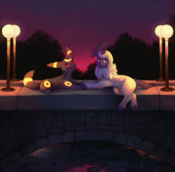 Rule 34 | absol, braid, bridge, claws, closed mouth, commentary, commission, creature, creatures (company), english commentary, full body, game freak, gen 2 pokemon, gen 3 pokemon, lamppost, lily pad, lying, night, night sky, nintendo, no humans, on stomach, parted lips, pokemon, pokemon (creature), red eyes, salanchu, sky, smile, star (sky), starry sky, umbreon, water