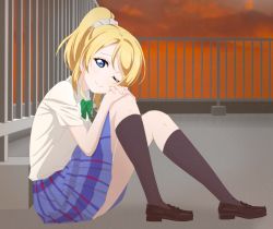 Rule 34 | 1girl, ;), artist name, artist request, ayase eli, bare legs, black footwear, black legwear, blonde hair, blue eyes, blue skirt, blush, bow, bowtie, breasts, checkered clothes, checkered skirt, cloud, collared shirt, female focus, full body, green bow, hair between eyes, hair ornament, hair scrunchie, hand on own knee, high ponytail, highres, knees up, long hair, long sleeves, looking at viewer, love live!, love live! school idol project, miniskirt, one eye closed, orange sky, otonokizaka school uniform, outdoors, parted lips, plaid, plaid skirt, pleated, pleated skirt, ponytail, school uniform, scrunchie, shirt, shoes, short hair, short sleeves, skirt, sky, small breasts, smile, solo, striped, striped bow, sunset, white scrunchie, white shirt, wink