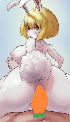 Rule 34 | 1boy, 1girl, anal, animal ears, ass, blonde hair, blush, breasts, carrot, carrot (one piece), censored, curvy, furry, hetero, highres, huge ass, large breasts, looking at viewer, looking back, noblood (ryandomonica), nude, one piece, rabbit ears, rabbit girl, rabbit tail, reverse cowgirl position, sex, sex from behind, sitting, sitting on person, spread legs, straddling, tail, underboob