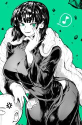 Rule 34 | 1boy, 1girl, absurdres, anger vein, bald, blush, breasts, commentary request, dress, fubuki (one-punch man), green background, green eyes, greyscale with colored background, highres, jewelry, large breasts, long sleeves, looking at viewer, monochrome, musical note, necklace, one-punch man, partial commentary, rock, saitama (one-punch man), short hair, simple background, smile, solo focus, spoken musical note, yotsumi shiro