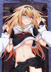 Rule 34 | 10s, 1boy, 1girl, absurdres, admiral (kancolle), black gloves, black ribbon, black skirt, blonde hair, breasts, commentary request, constricted pupils, crying, crying with eyes open, gloves, hair flaps, hair ribbon, highres, imminent rape, jack dempa, kantai collection, long hair, looking at viewer, lying, medium breasts, navel, neckerchief, no bra, no panties, on back, pinned, pleated skirt, red eyes, red neckerchief, ribbon, scared, scarf, school uniform, serafuku, short sleeves, skirt, solo focus, tears, underboob, wavy mouth, white scarf, wide-eyed, yuudachi (kancolle)