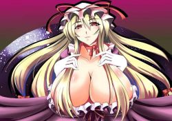 Rule 34 | 1girl, blonde hair, blush, bow, breasts, cleavage, collar, dress, female focus, frills, gloves, gomesu, gradient background, hands on own chest, hat, hat ribbon, huge breasts, long hair, open mouth, red eyes, ribbon, solo, touhou, white gloves, yakumo yukari