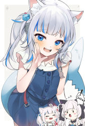 Rule 34 | +++, 2girls, absurdres, animal ear fluff, animal ears, black ribbon, blue dress, blue eyes, blue hair, blush, cat ears, chibi, commentary request, dress, extra ears, fins, fish tail, flying sweatdrops, gawr gura, gawr gura (casual), hair ornament, hair ribbon, hand up, highres, hololive, hololive english, holomyth, long hair, looking at viewer, mimizuku (mmiganaru), multicolored hair, multiple girls, murasaki shion, open mouth, ribbon, shark tail, sharp teeth, side ponytail, simple background, smile, standing, streaked hair, tail, teeth, virtual youtuber, white hair