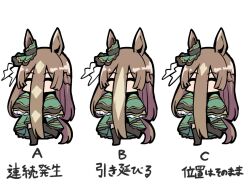 Rule 34 | 1girl, animal ears, black thighhighs, braid, brown hair, chibi, closed eyes, commentary request, covered mouth, dress, facing viewer, french braid, full body, green dress, hair between eyes, horse ears, horse girl, horse tail, kawamochi (tddm3573), leg up, long hair, multicolored hair, multiple views, satono diamond (umamusume), simple background, sleeves past fingers, sleeves past wrists, streaked hair, tail, thighhighs, translation request, umamusume, very long hair, white background, white hair