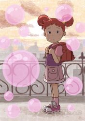 Rule 34 | 1girl, backpack, bag, bubble, chii-kun (seedyoulater), closed mouth, commentary request, double bun, fortissimo, full body, grey shorts, hair bun, hair ornament, hands up, harukaze doremi, holding strap, looking at viewer, musical note, musical note hair ornament, ojamajo doremi, outdoors, pink socks, red bag, red hair, shirt, shoes, short hair, short sleeves, shorts, sky, sneakers, socks, solo, standing, t-shirt