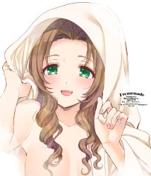 Rule 34 | 1girl, aerith gainsborough, bed sheet, blush, breasts, brown hair, cleavage, dated, final fantasy, final fantasy vii, final fantasy vii remake, green eyes, hand up, highres, holding, holding sheet, krudears, long hair, looking at viewer, medium breasts, nail polish, open mouth, parted bangs, pink nails, sidelocks, smile, solo, square enix, topless, twitter username, upper body, wavy hair, white background