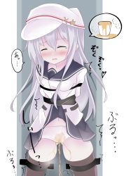 Rule 34 | 1girl, arms behind back, bdsm, black sailor collar, black skirt, black thighhighs, blush, bondage, bound, closed eyes, clothes lift, cowboy shot, embarrassed, fathom, female focus, gluteal fold, hat, have to pee, hibiki (kancolle), highres, japanese text, kantai collection, legs apart, long hair, navel, nose blush, open mouth, panties, peeing, peeing self, pleated skirt, pussy, sailor collar, school uniform, see-through, shirt, silver hair, simple background, skindentation, skirt, skirt lift, solo, speech bubble, stained panties, standing, steam, tears, text focus, thigh gap, thighhighs, translation request, trembling, uncensored, underwear, urine meter, verniy (kancolle), wet, wet clothes, wet panties, white background, white hat, white panties, white shirt