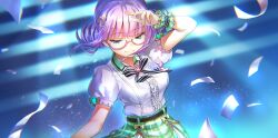 Rule 34 | 1girl, absurdres, artist request, belt, bow, breasts, drill hair, frills, glasses, green eyes, hair ornament, heaven burns red, highres, higuchi seika, idol clothes, puffy sleeves, purple hair, second-party source, solo, stage lights, twin drills