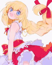 Rule 34 | 1girl, absurdres, blonde hair, blue eyes, braid, colette brunel, colette brunel (fair lady), commentary request, from side, hair ribbon, highres, long hair, nancykittyu, open mouth, red ribbon, ribbon, shirt, simple background, skirt, sleeveless, sleeveless shirt, smile, solo, tales of (series), tales of symphonia, upper body, very long hair, white background, white shirt, white skirt, wrist cuffs